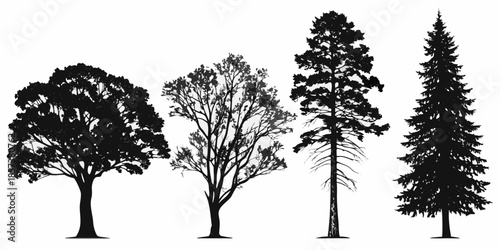 Silhouettes of four different trees against a plain white background