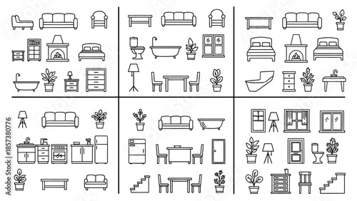 Interior furniture design concept showing living room bedroom dining room and bathroom arrangement in house layout vector interior arrangement drawing