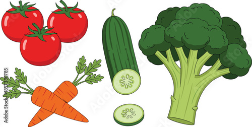 Cartoon vegetable icon set, tomato carrot cucumber broccoli illustrations, healthy food vector bundle, graphic nutrition design pack