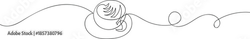 Cup coffee in One continuous line drawing. Continuous line art coffee cup with latte design on a saucer, a minimalist decorative element. A sleek and minimalist continuous line drawing featuring a cof