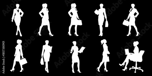 Silhouettes of business women in various poses against a black background