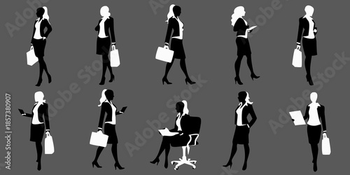 Silhouettes of stylish businesswomen in various poses and professional settings