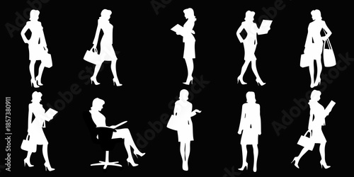 Silhouette series of stylish women walking in various poses against a black background