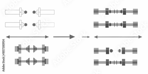 Diagram illustrating the stages of dumbbell assembly and variations in weight