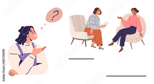 Thoughtful person visualizes a question as two people converse in chairs, sharing ideas. Ideal for communication, collaboration, problem-solving, brainstorming, consulting, teamwork, simple flat