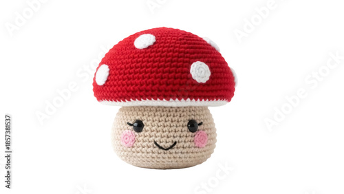 Cute red mushroom with white spots isolated PNG, crochet amigurumi toy with smiling face for kids crafts and decoration