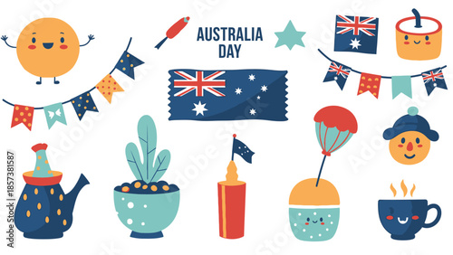 Whimsical Australia Day with Cute Characters and Festive Keywords: Australia Day, cute