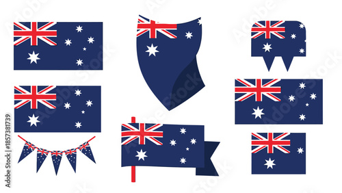Assortment of Australian Flags and Bunting for Celebrations Keywords: Australia, Australian flag