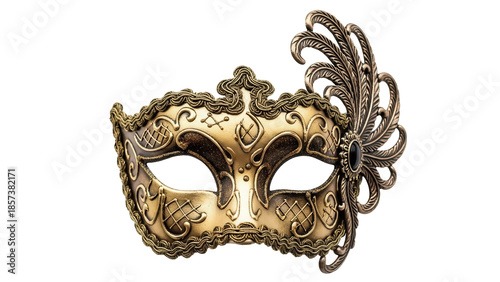 Foto Ornate golden masquerade mask with feather isolated PNG, vintage carnival costum