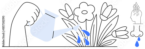 Gardening concept. Gardening hand watering blooming flowers with a watering can emphasizing nature care and plant growth. Gardening for sustainability, environment, health, education, and creativity