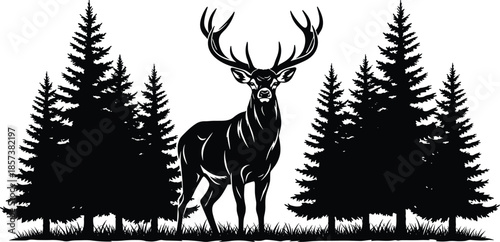 Deer forest silhouette icon, pine tree wildlife scene, nature vector bundle, graphic outdoor wilderness design pack