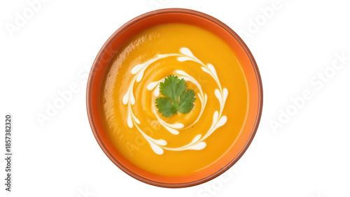 Cuadro en lienzo Creamy butternut squash soup in orange bowl isolated on transparent background,