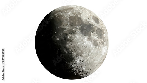 Detailed moon PNG isolated on transparent background, lunar surface with craters and shadows for astronomy and science projects