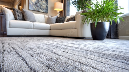 Modern living room interior featuring a cozy white sofa, decorative cushions, elegant lamp, artistic wall art, indoor plant, and stylish area rug