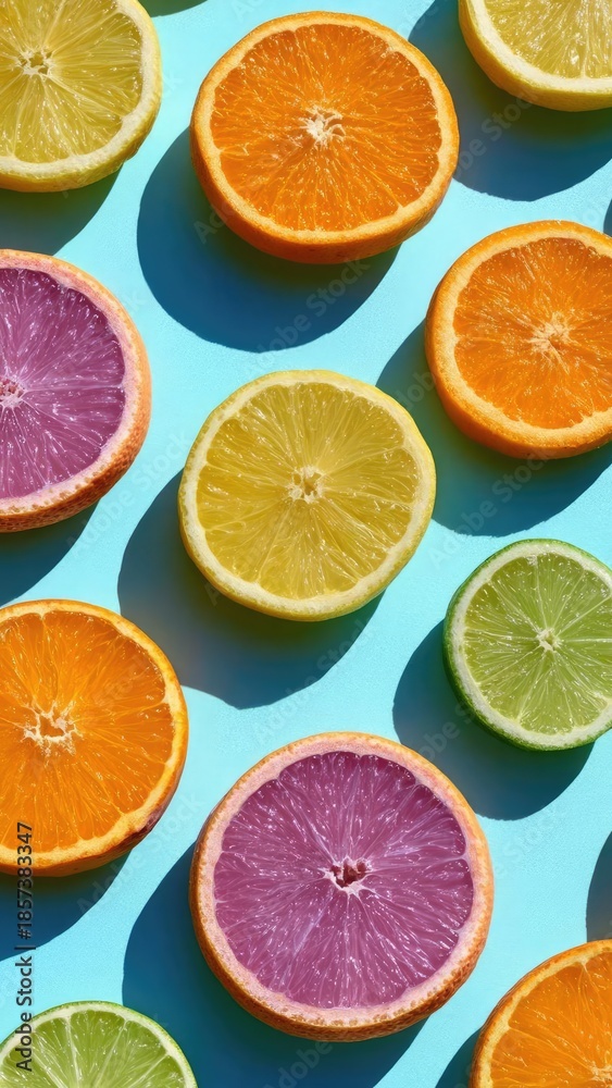 Fototapeta premium Assorted citrus halves—orange, lemon, lime, and grapefruit—arranged on a bright turquoise background. Concept Citrus flat lay on turquoise background, Fresh fruit halves color pop