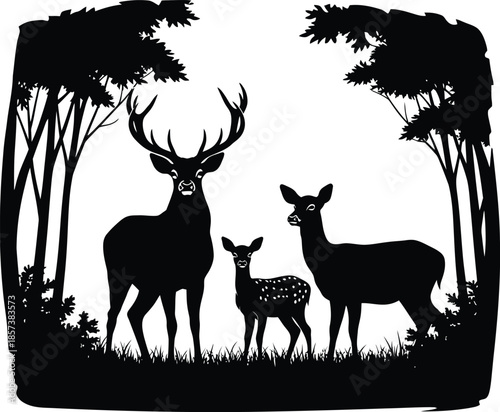 Family of deer standing together in the forest