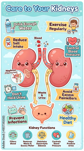 Infographics illustration of Care to kidneys. How to keep kidneys healthy illustration.