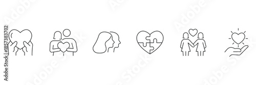 Family emotion icon set, caring hands heart love, couple hug affection, woman profile silhouette, puzzle heart unity, lesbian couple shine illustration.
