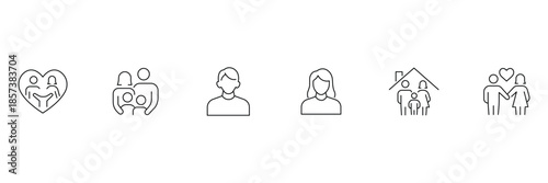 Family love icon set, parents with child care, father mother portraits, happy home together, romantic relationship couple heart illustration.