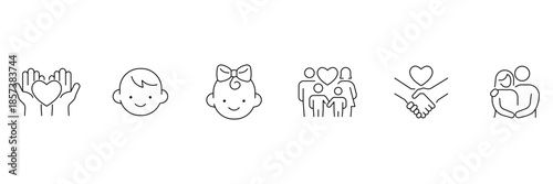 Family care icon set, charity love hands, cute baby boy girl faces, happy parents children, friendship handshake, couple hugging illustration.