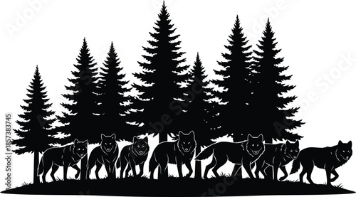 Pack of wolves walking through forest silhouette