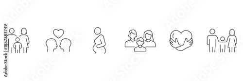 Family bond icon set, couple affection love, pregnant woman maternity, parents child unit, caring hands heart embrace illustration.