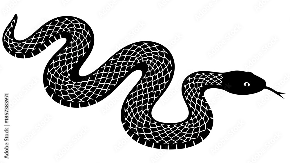 Fototapeta premium Illustration of a black snake with white lattice pattern, coiled in an S-shaped pose against a white background.