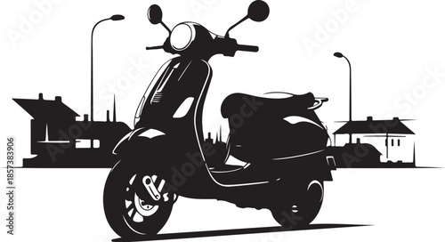 Black scooter silhouette against urban cityscape and streetlights
