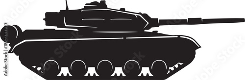 Black silhouette of a military tank with white accents