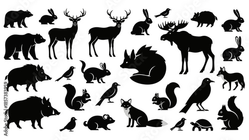 Black animal silhouettes collage with bears, moose, deer, elk, wolves, foxes, dogs, cats, horses and rabbits for wildlife art and decorative design.