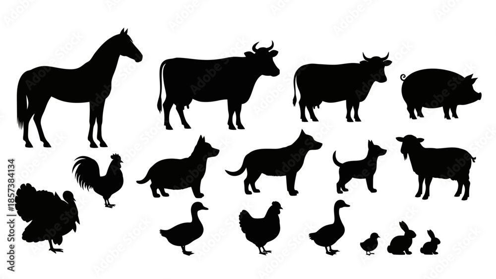 Naklejka premium Collection of black farm animal silhouettes featuring horse, cow, pig, chickens, roosters and ducks for branding, logos, crafts, and educational visuals