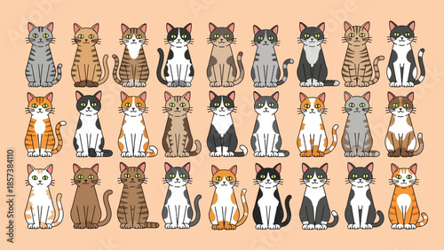 Collage of diverse cats in multiple breeds and colors arranged in a grid, showcasing playful feline portraits.