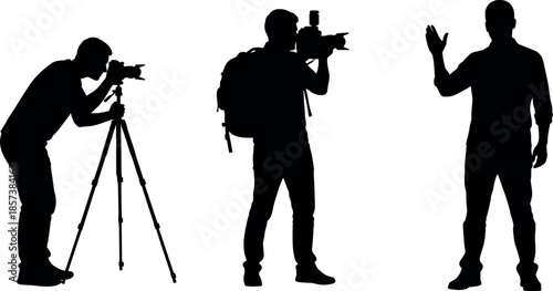 Black silhouettes of professional photographers with tripods and backpacks along with a male presenter waving his hand for media production.