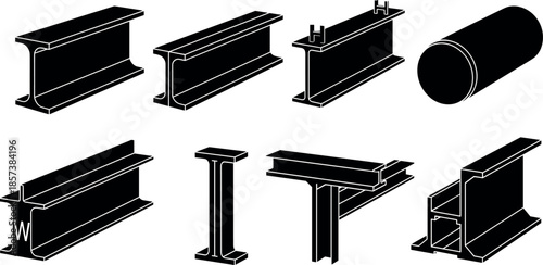 Collection of Professional Structural Steel Beam Icons Set Including I-Beam H-Beam Wide Flange and Metal Construction Girder Profiles for Engineering