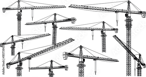 Detailed Set of Construction Tower Crane Silhouettes Isolated on White Background for Engineering Architecture Building Site Development and Industrial Projects