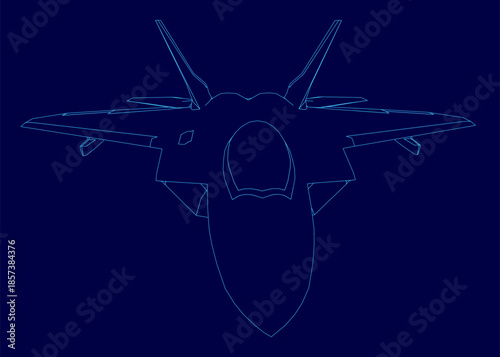 A combat fighter jet blueprint in white contour on a deep blue background. The stark technical drawing emphasizes sleek aerodynamics and military power.
