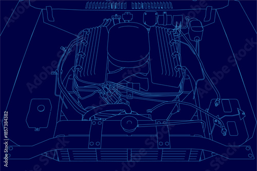 Detailed blueprint of a vintage sports car engine, featuring precise mechanical contours and components on a solid blue background.