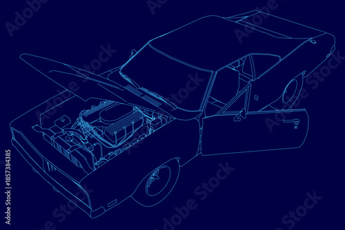 Detailed blueprint of a vintage sports car with its hood open, revealing the engine on a solid blue background.