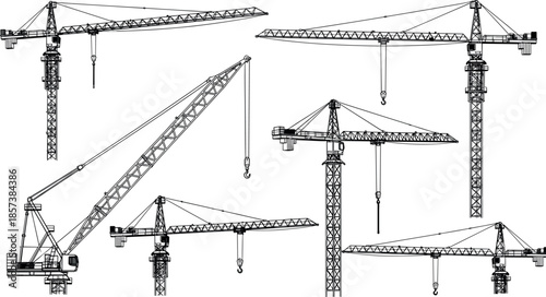 Detailed Industrial Construction Tower Crane Vector Illustrations Set with Luffing and Hammerhead Crane Silhouettes for Engineering and Building Site Design