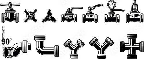 Industrial Plumbing Valve and Pipe Fitting Vector Set Featuring Gate Valves Ball Valves Elbows Y-Strainers and Manifold Connector Icons