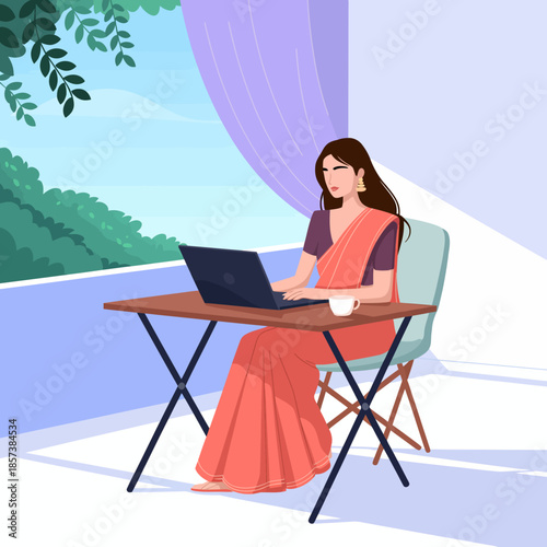 A woman in a traditional saree is focused on her laptop, representing the blend of culture and modernity in her workspace, highlighting women’s empowerment and professional life.