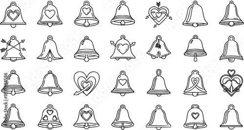 Black  White Line Art Vector Icons of Love and Wedding Bells Collection. Outline Doodle Symbols for Romance, Marriage, Valentine's Day, and Celebration Design Elements.