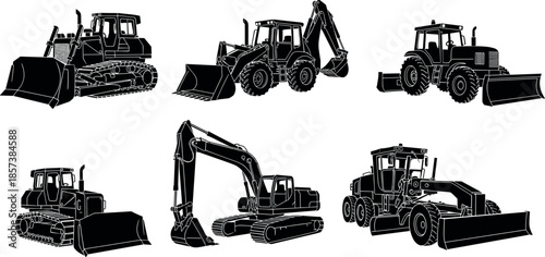 Professional Black Silhouettes of Construction Heavy Machinery Including Bulldozer Excavator Backhoe Loader Grader and Tractor Vector Illustrations for Industrial Design Projects