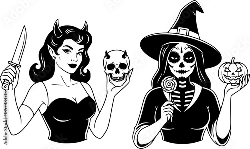 Halloween Pin-Up Horror Woman Vector Illustration