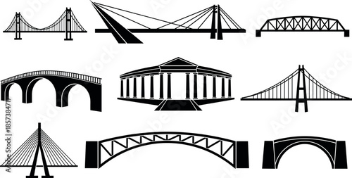 Set of black bridge silhouettes including suspension cable stayed arch and truss designs for civil engineering construction and urban infrastructure icons