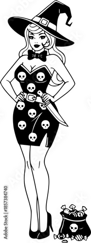 Halloween Pin-Up Horror Woman Vector Illustration