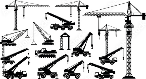 Set of construction crane silhouettes including tower cranes mobile telescopic cranes crawler cranes and heavy lifting machinery for industrial building projects