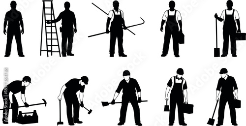 Set of construction worker silhouettes standing and working with tools like ladders shovels toolboxes and hammers for industrial maintenance design