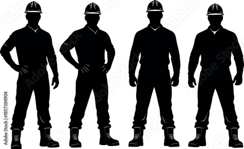 Set of Four Professional Male Construction Worker Silhouettes Wearing Hard Hats and Protective Safety Gear Standing in Confident Industrial Poses