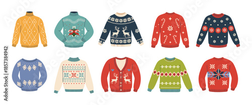 Cute Winter Warm Knitted Sweaters Set with Christmas Festive Ornaments, Deer, Snowman and Spruce, Cartoon Vector Wool Knitting Winter Clothes